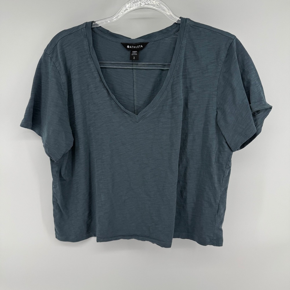 Athleta V Neck T Shirt Blue Casual Rolled Sleeve Size L